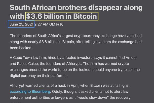 News about a recent bitcoin theft in South Africa.